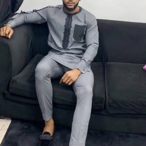 Gray Embroidered Kaftan African Men Clothing