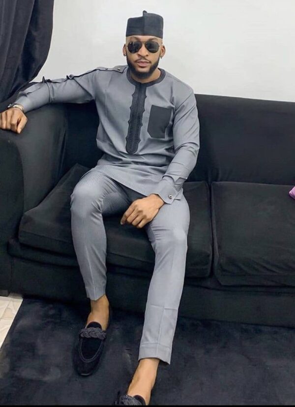 Gray Embroidered Kaftan African Men Clothing
